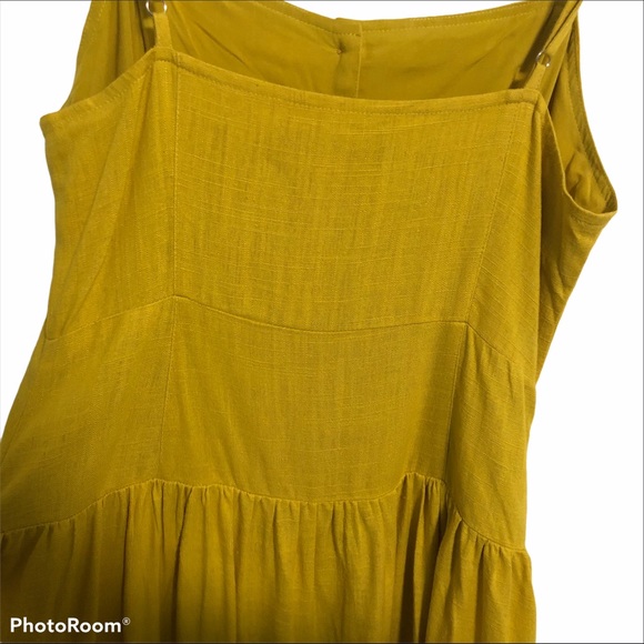Urban Outfitters Linen Button-Down Drop Waist Pleated Skirt Midi Dress Mustard - Picture 11 of 16